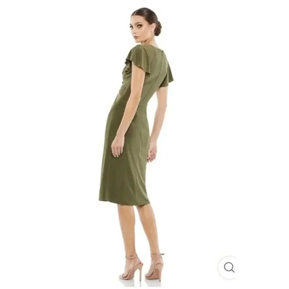 IEENA for MAC DUGGAL Dress $378 FLAW Flounce Sleeve Midi Dress Olive Size 4 - Picture 3 of 12
